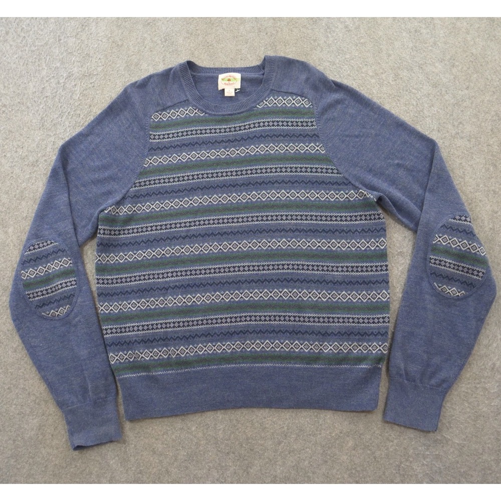 Brooks Brothers Sweater Mens Large Blue Knit Red Fleece Elbow Patches Crew